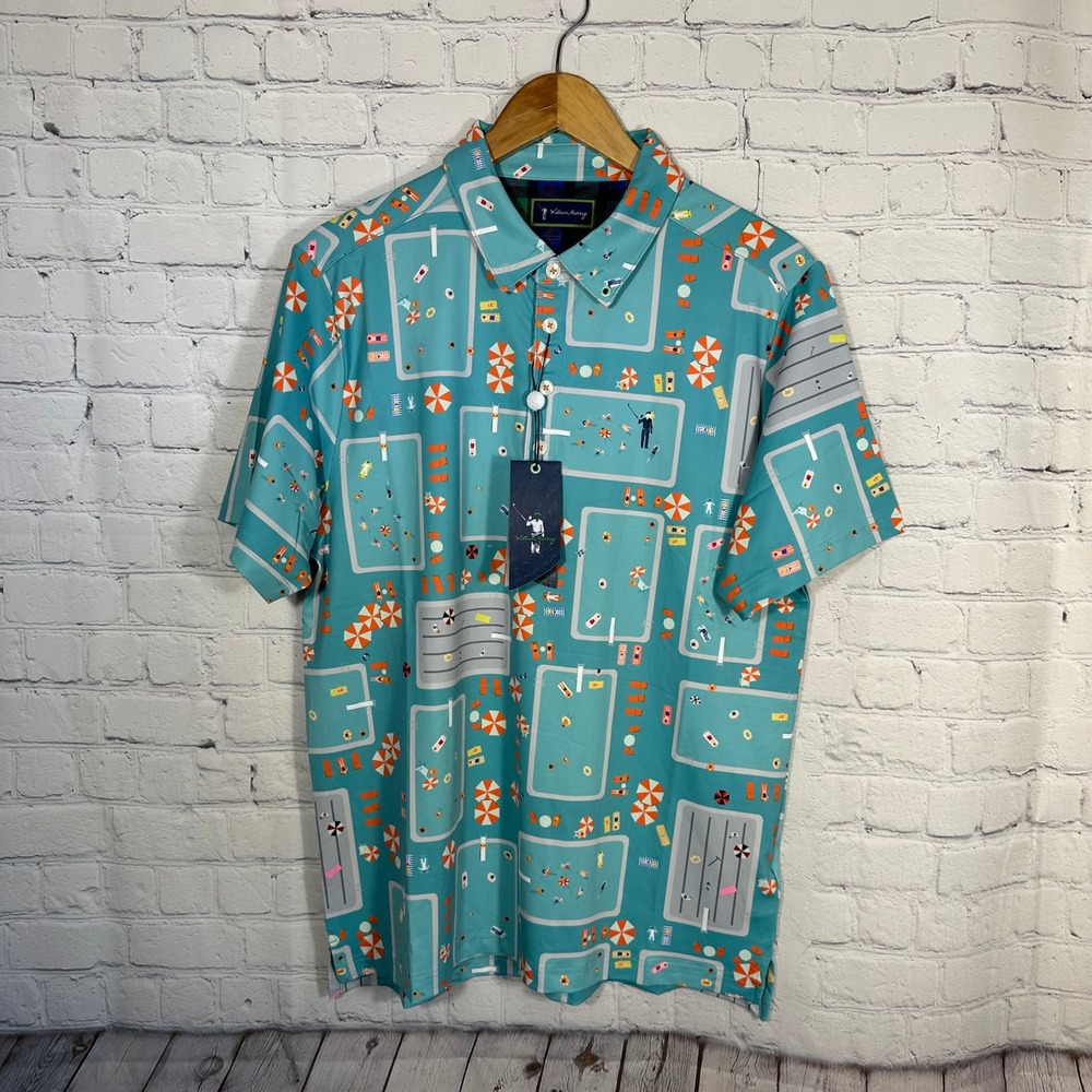 William Murray Golf Mens Cannonball Pool Print Polo Shirt Teal Blue UV Stretch M